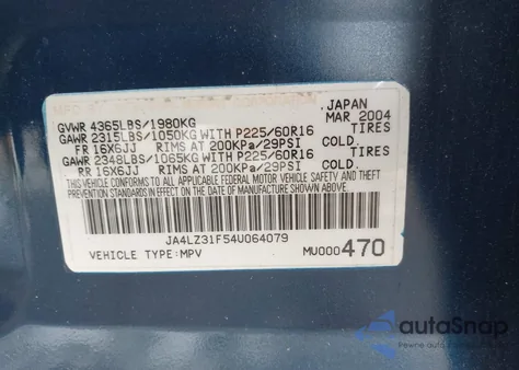 2004 Mitsubishi Outlander Ls z USA, uszkodzony, nr VIN JA4LZ31F54U064079